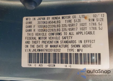 2012 Honda Cr-V Ex-L from USA, damaged, VIN JHLRM4H79CC018202